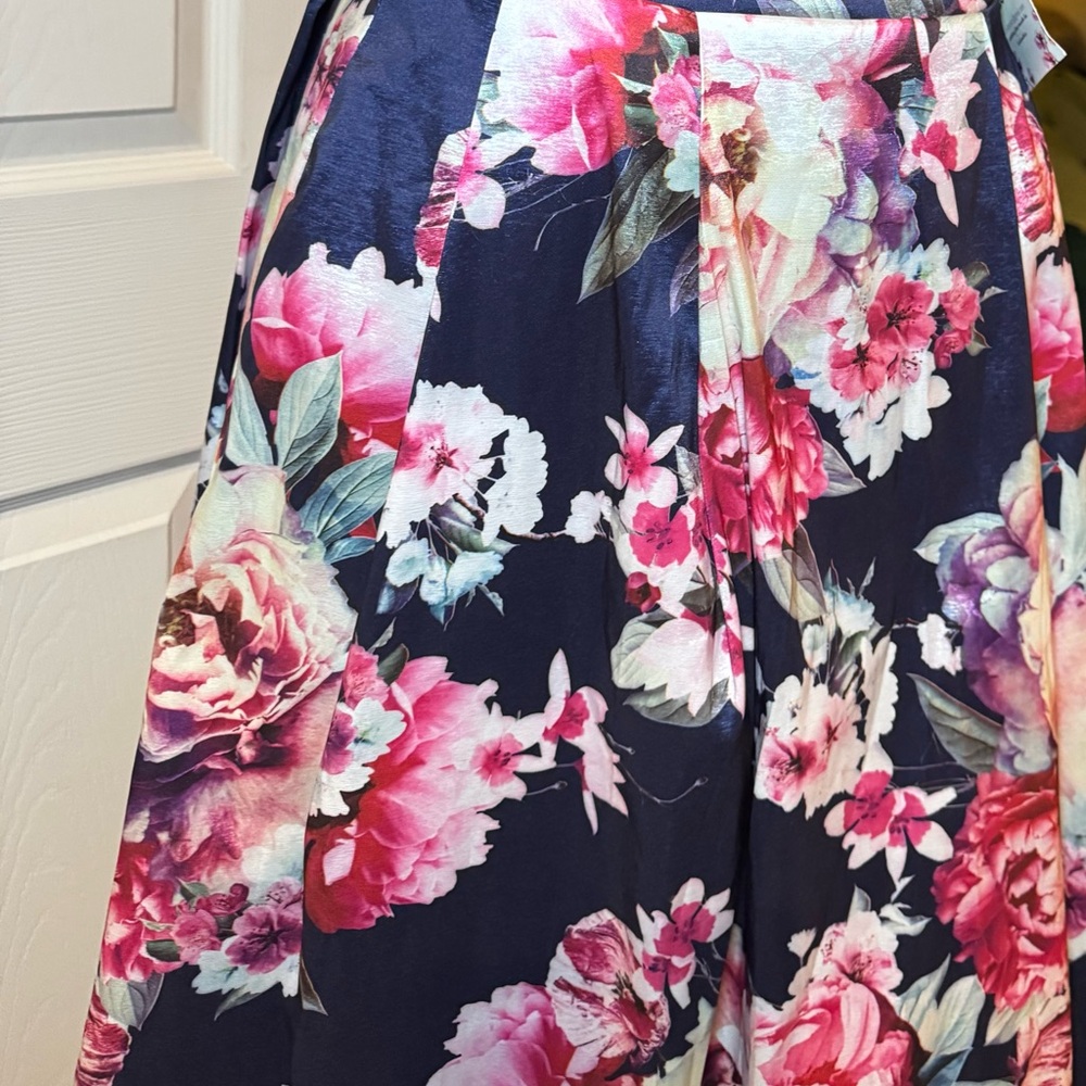 Floral Midi Skirt with Pink and Navy Design